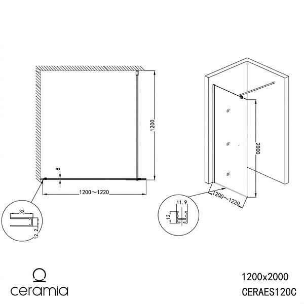 SWISS AQUA TECHNOLOGIES - Walk-in 110x200cm paroi en verre Crystal Glass®  8 mm anticalcaire, avec bras et profilés chrome brillant (SATBWI110PR) - large