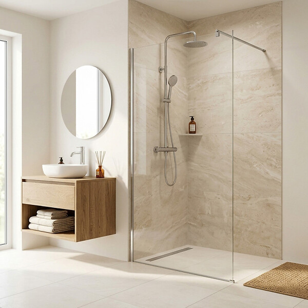 SWISS AQUA TECHNOLOGIES - Walk-in 110x200cm paroi en verre Crystal Glass®  8 mm anticalcaire, avec bras et profilés chrome brillant (SATBWI110PR) - large