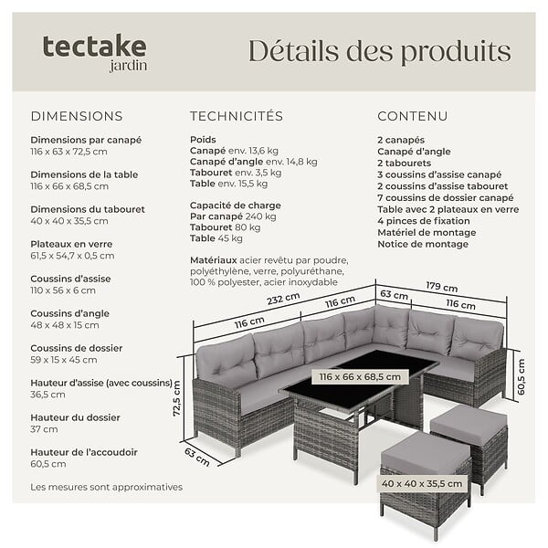 TECTAKE - Canapé de jardin BARLETTA modulable gris/beige - large