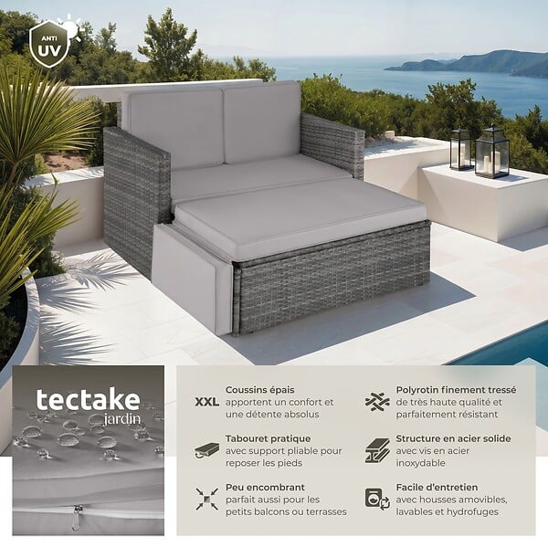 TECTAKE - Canapé de jardin modulable en résine tressée gris coussins amovibles hydrofuges - large