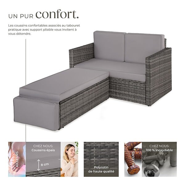 TECTAKE - Canapé de jardin modulable en résine tressée gris coussins amovibles hydrofuges - large