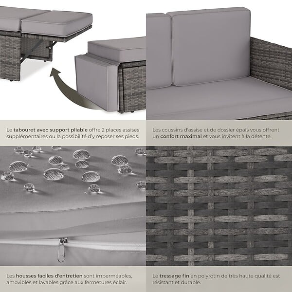 TECTAKE - Canapé de jardin modulable en résine tressée gris coussins amovibles hydrofuges - large