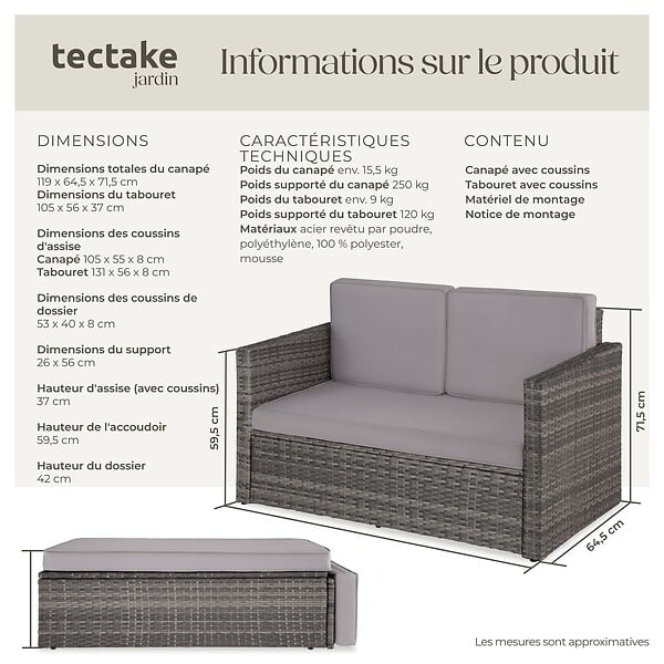 TECTAKE - Canapé de jardin modulable en résine tressée gris coussins amovibles hydrofuges - large