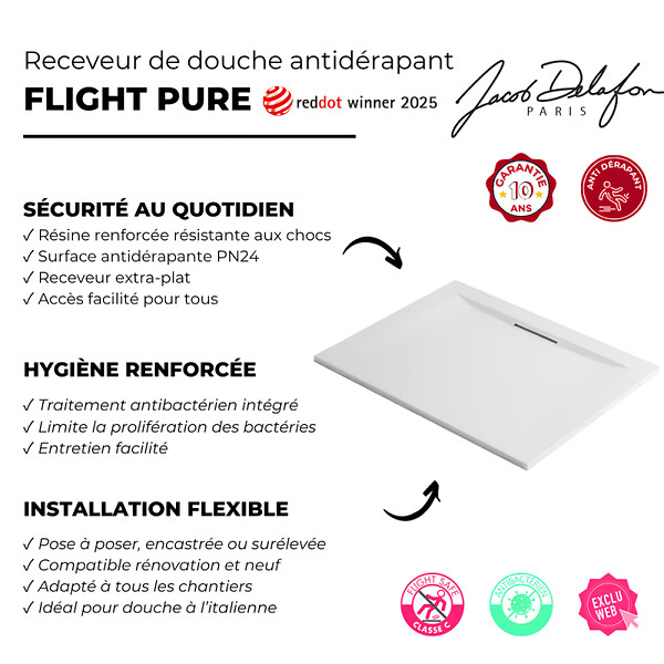 JACOB DELAFON - Receveur de douche antidérapant 120 x 90 Flight Pure rectangle blanc - large