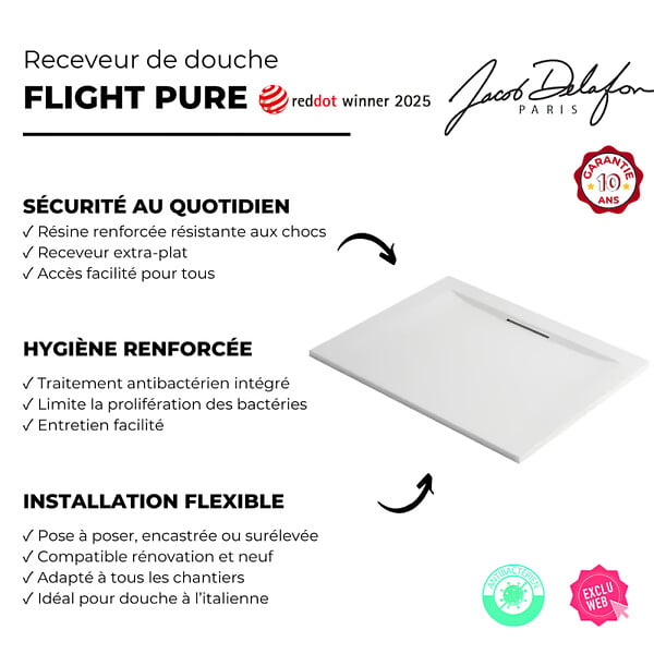 JACOB DELAFON - Receveur de douche 90 x 90 Flight Pure carré blanc - large