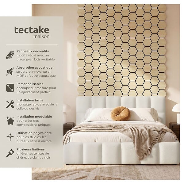 TECTAKE - Lot 8 panneaux acoustiques en mdf bois véritable plaqué chêne clair 76x62x1 8 cm - large