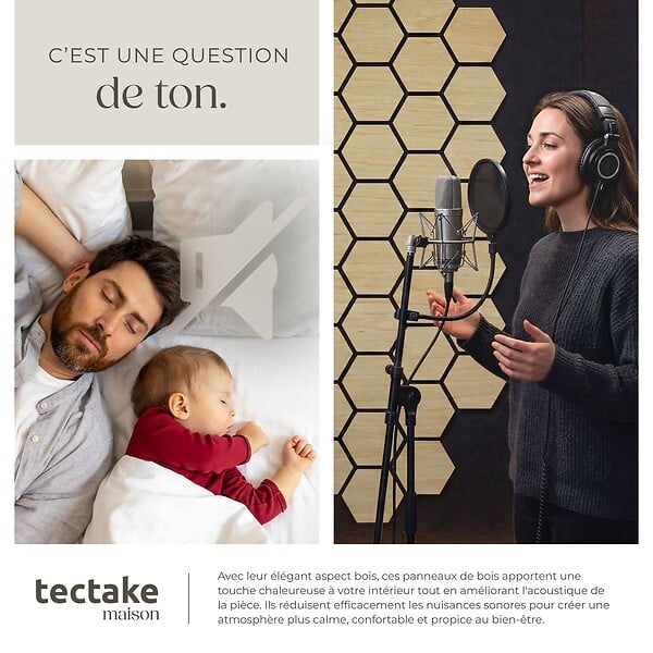 TECTAKE - Lot 8 panneaux acoustiques en mdf bois véritable plaqué chêne clair 76x62x1 8 cm - large