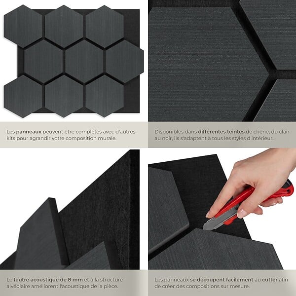 TECTAKE - Lot 8 panneaux acoustiques muraux en en mdf chêne noir absorption acoustique 76x62x1 cm - large