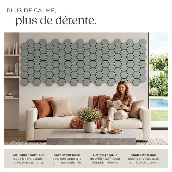 TECTAKE - Lot 8 panneaux acoustiques traitement acoustique en mdf placage bois véritable chêne gris clair 76x62x1,8 cm absorption phonique feutre nid abeilles - large