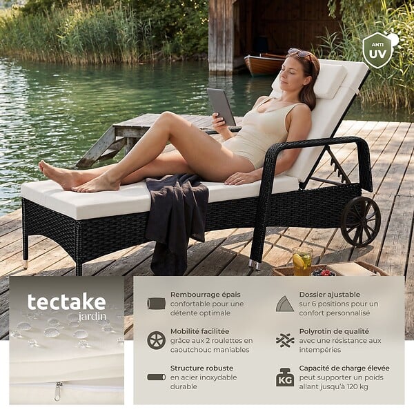 TECTAKE - Bain de soleil métal 6 positions avec roulettes noir/beige - large