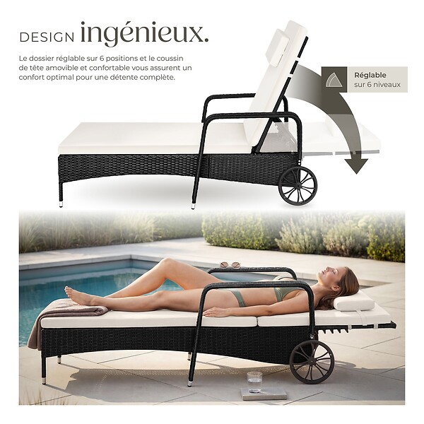 TECTAKE - Bain de soleil métal 6 positions avec roulettes noir/beige - large