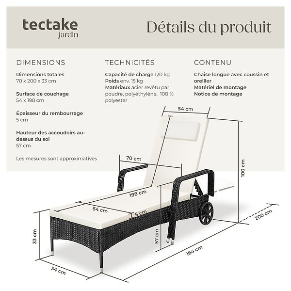 TECTAKE - Bain de soleil métal 6 positions avec roulettes noir/beige - large
