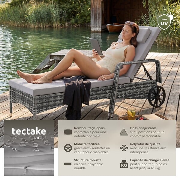 TECTAKE - Bain de soleil métal 6 positions avec roulettes gris/gris clair - large