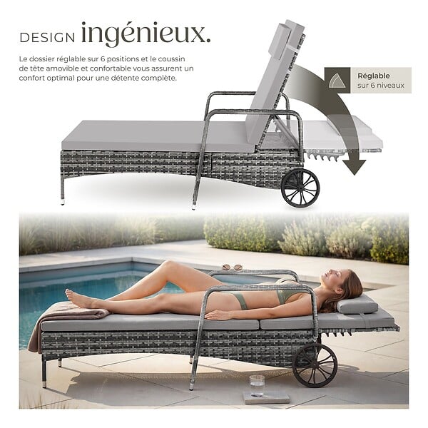 TECTAKE - Bain de soleil métal 6 positions avec roulettes gris/gris clair - large