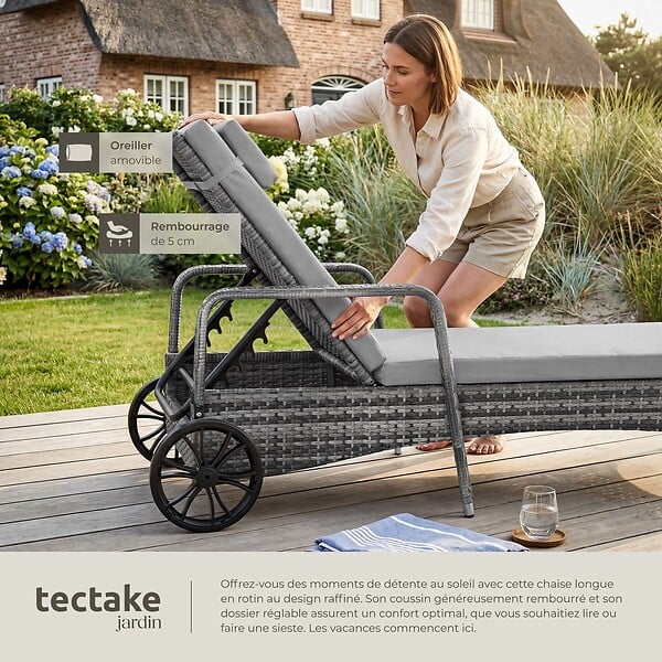 TECTAKE - Bain de soleil métal 6 positions avec roulettes gris/gris clair - large
