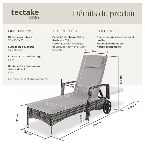 TECTAKE - Bain de soleil métal 6 positions avec roulettes gris/gris clair - large