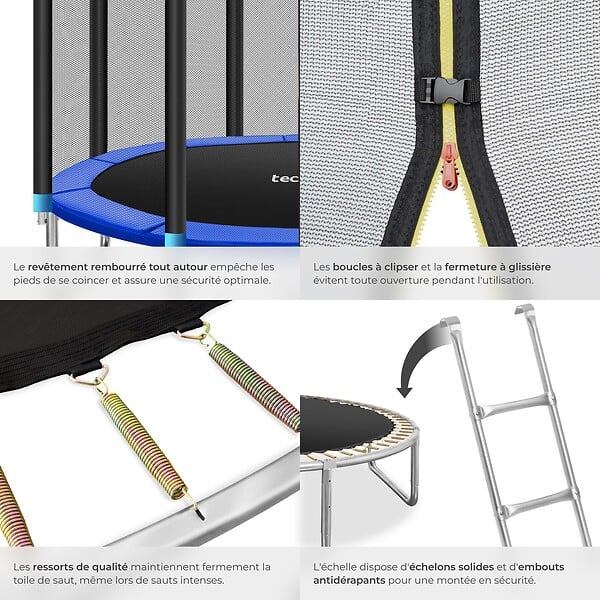 TECTAKE - Trampoline robuste élasticité ressorts solides filet sécurité résistant ouverture zippée poteaux rembourrés coussin protection noir bleu 366 cm ø - large