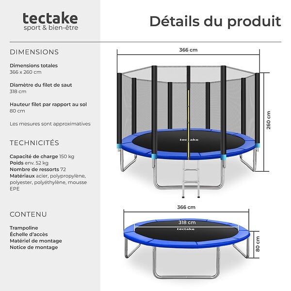 TECTAKE - Trampoline robuste élasticité ressorts solides filet sécurité résistant ouverture zippée poteaux rembourrés coussin protection noir bleu 366 cm ø - large