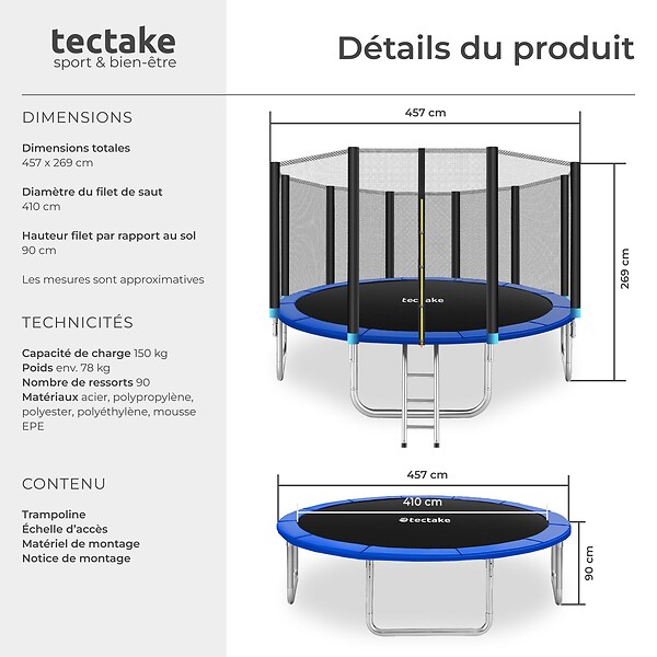TECTAKE - Trampoline modèle B noir/bleu - large