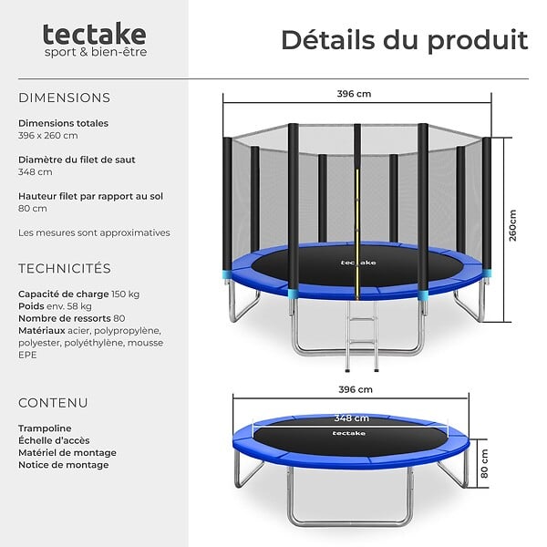 TECTAKE - Trampoline modèle B noir/bleu - large