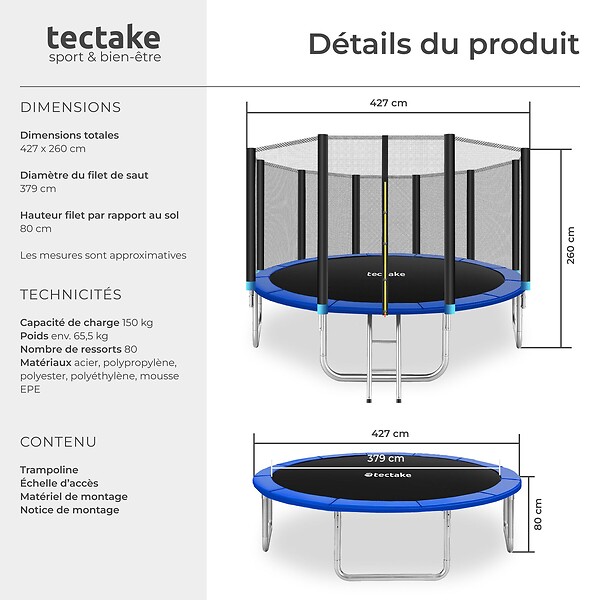 TECTAKE - Trampoline modèle B noir/bleu - large
