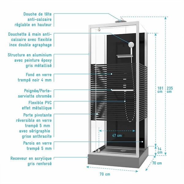 AURLANE - Cabine de douche carree 70x70x215 cm - Porte pivotante - Lignes grises anthracites - SCRATCHY 2 - large