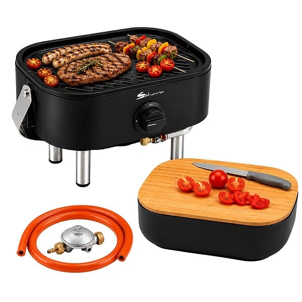 SAHARA - Barbecue à Gaz Portable Compact 2,7kW Grille Fonte Mini Barbecue de Table Noir Kit Planche à Découper Bois 2/4 Personnes Sahara - large