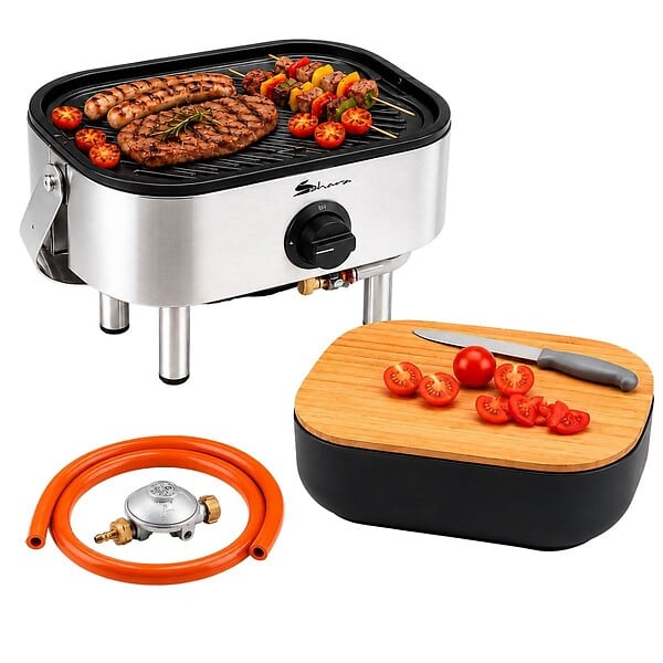 SAHARA - Barbecue à Gaz Portable Compact 2,7kW Grille Fonte Mini Barbecue de Table Inox Kit Planche à Découper Bois 2/4 Personnes Sahara - large