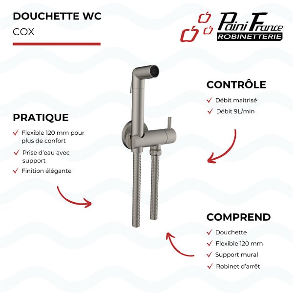 OLFA - Douchette WC Cox ronde + Support + Flexible inox brossé - large