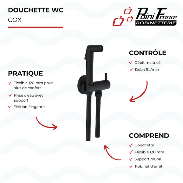 OLFA - Douchette WC Cox ronde Noir Mat + support + flexible - large