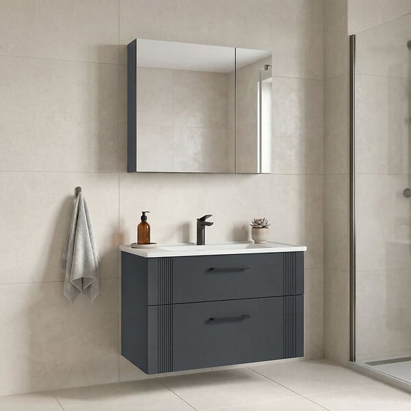 HABITAT ET JARDIN - Ensemble Meuble Vasque avec Miroir (2 Pièces) "Bari 85 v2" - 85 x 45 x 55 cm - Matte Anthracite - large