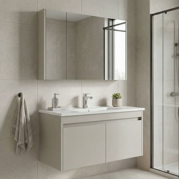 HABITAT ET JARDIN - Ensemble Meuble Vasque avec Miroir (2 Pièces) "Arno 100" - 100 x 45 x 52 cm - Cashmere - large