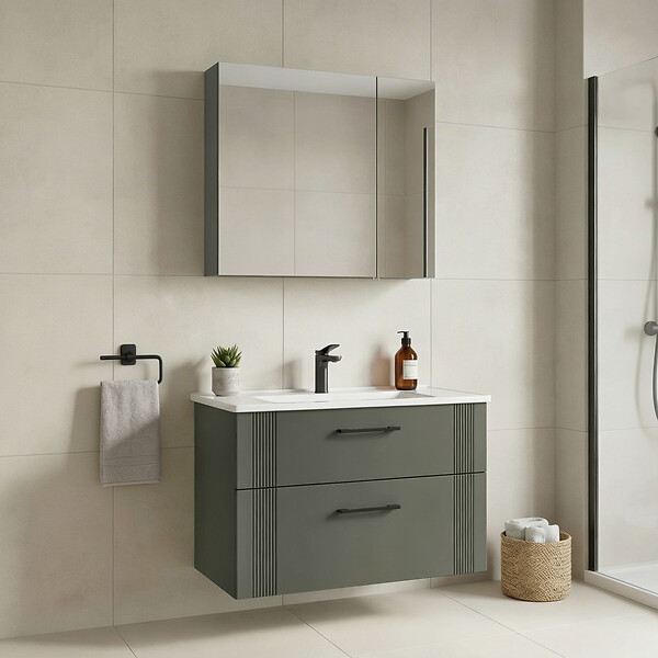 HABITAT ET JARDIN - Ensemble Meuble Vasque avec Miroir (2 Pièces) "Bari 85 v2" - 85 x 45 x 55 cm - Matte Green - large