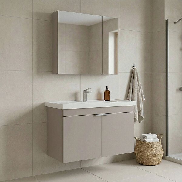 HABITAT ET JARDIN - Ensemble Meuble Vasque avec Miroir (2 Pièces) "Desna 80" - 80 x 45 x 58 cm - Sand - large