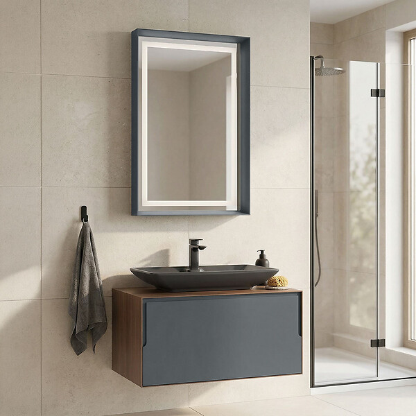 HABITAT ET JARDIN - Ensemble Meuble Vasque avec Miroir (2 Pièces) "Craft 80" - 60 x 50 x 40 cm - Walnut / Anthracite - large
