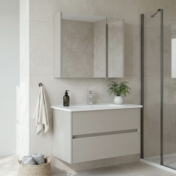 HABITAT ET JARDIN - Ensemble Meuble Vasque avec Miroir (2 Pièces) "Arno 85" - 85 x 45 x 52 cm - Cashmere - large