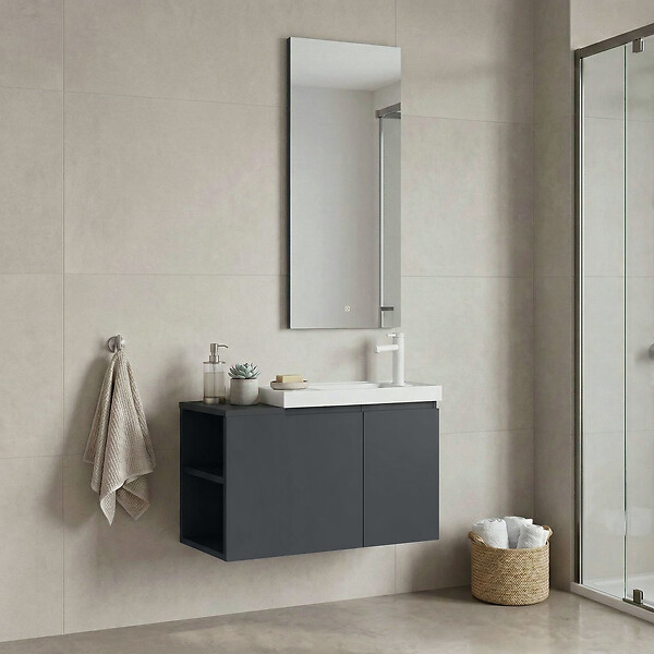 HABITAT ET JARDIN - Ensemble Meuble Vasque avec Miroir (2 Pièces) "Ferla 80" - 80 x 22 x 45 cm - Matte Anthracite - large