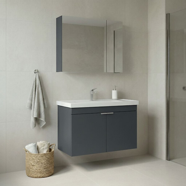 HABITAT ET JARDIN - Ensemble Meuble Vasque avec Miroir (2 Pièces) "Desna 80" - 80 x 45 x 58 cm - Matte Anthracite - large