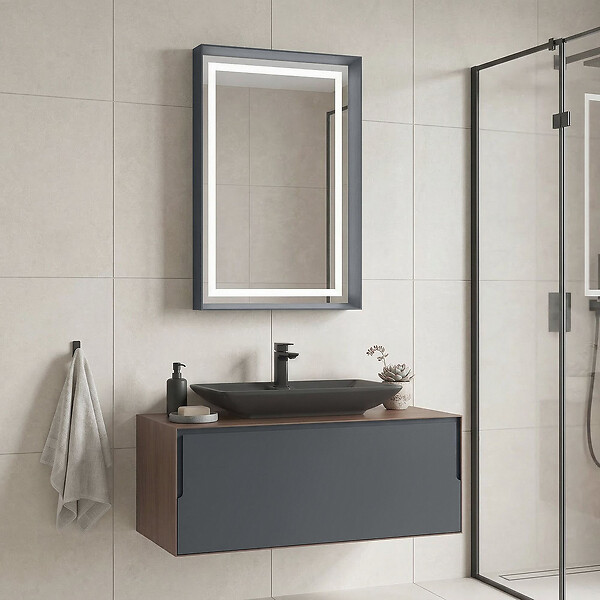 HABITAT ET JARDIN - Ensemble Meuble Vasque avec Miroir (2 Pièces) "Craft 100" - 100 x 50 x 40 cm - Walnut / Anthracite - large