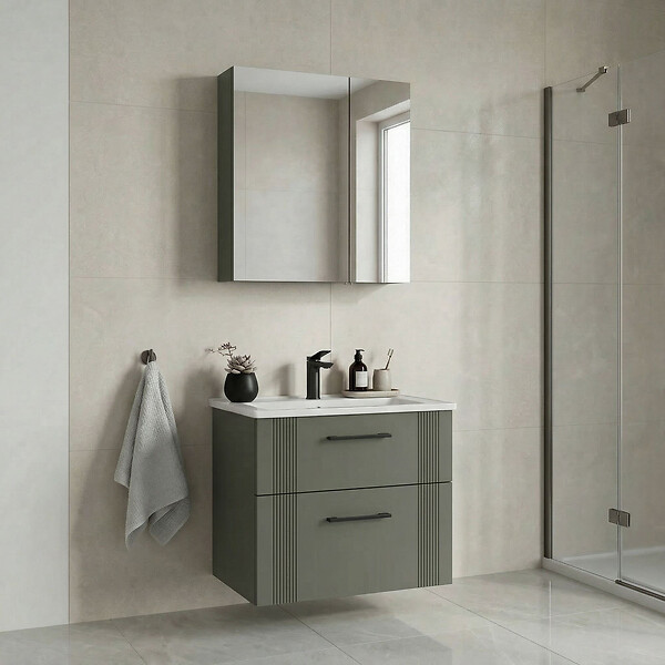 HABITAT ET JARDIN - Ensemble Meuble Vasque avec Miroir (2 Pièces) "Bari 65 v2" - 65 x 45 x 55 cm - Matte Green - large