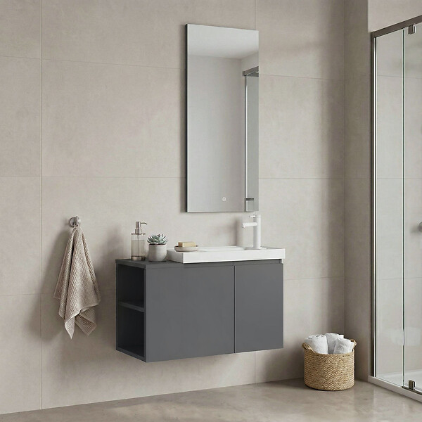 HABITAT ET JARDIN - Ensemble Meuble Vasque avec Miroir (2 Pièces) "Ferla 80" - 80 x 22 x 45 cm - Matte Grey - large