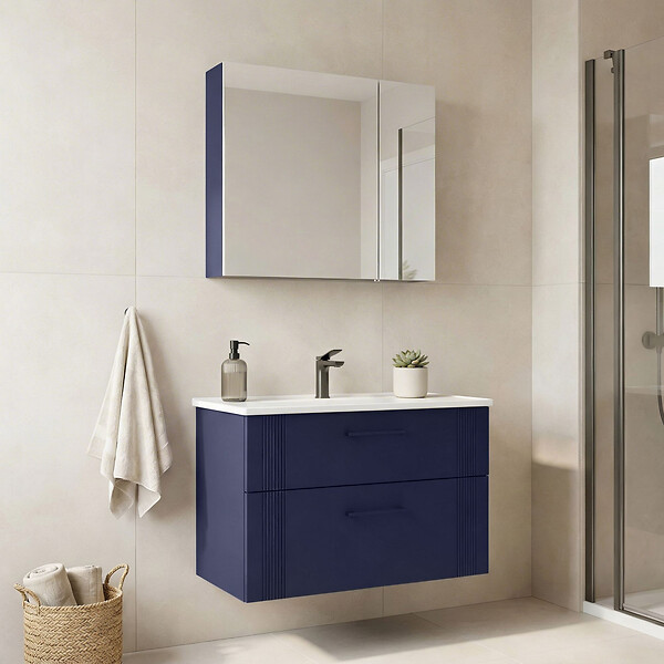 HABITAT ET JARDIN - Ensemble Meuble Vasque avec Miroir (2 Pièces) "Bari 85 v2" - 85 x 45 x 55 cm - Matte Navy Blue - large