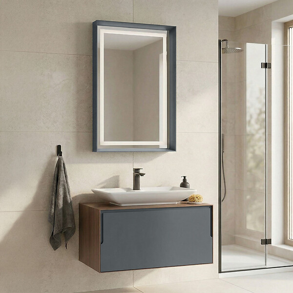 HABITAT ET JARDIN - Ensemble Meuble Vasque avec Miroir (2 Pièces) "Craft 80" - 60 x 50 x 40 cm - Walnut / Anthracite / White - large