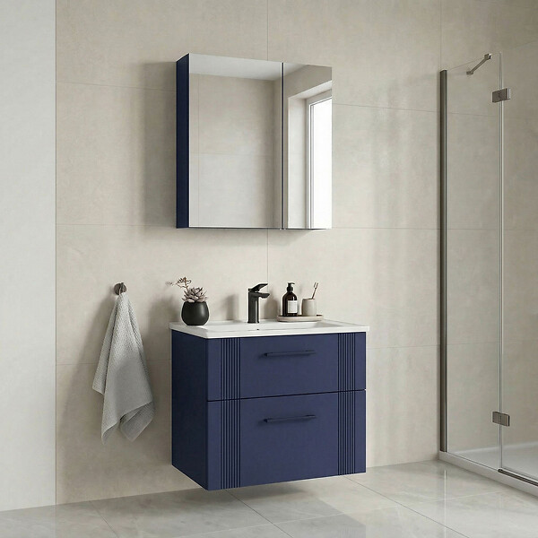 HABITAT ET JARDIN - Ensemble Meuble Vasque avec Miroir (2 Pièces) "Bari 65 v2" - 65 x 45 x 55 cm - Matte Navy Blue - large