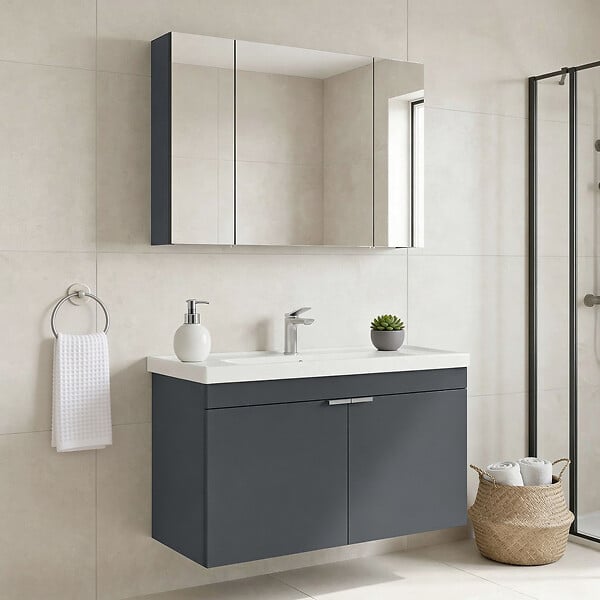 HABITAT ET JARDIN - Ensemble Meuble Vasque avec Miroir (2 Pièces) "Desna 100" - 100 x 45 x 58 cm - Matte Anthracite - large