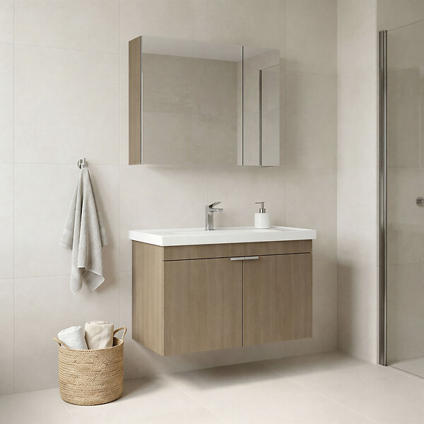HABITAT ET JARDIN - Ensemble Meuble Vasque avec Miroir (2 Pièces) "Desna 80" - 80 x 45 x 58 cm - Oak - large