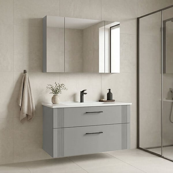 HABITAT ET JARDIN - Ensemble Meuble Vasque avec Miroir (2 Pièces) "Bari 100 v2" - 100 x 45 x 55 cm - Matte Cashmere - large
