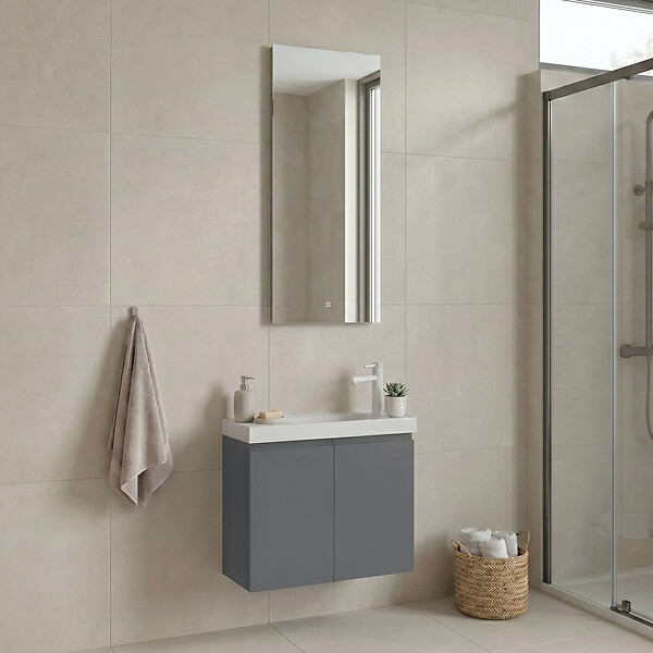 HABITAT ET JARDIN - Ensemble Meuble Vasque avec Miroir (2 Pièces) "Ferla 60" - 60 x 22 x 50 cm - Matte Grey - large