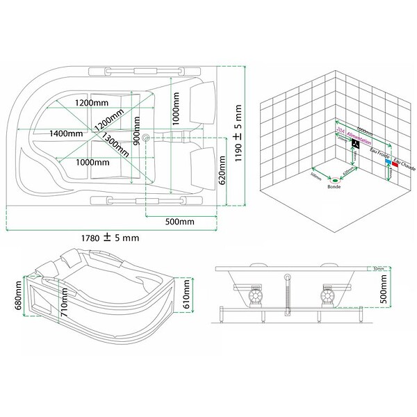 DISTRIBAIN - Baignoire Balnéo asymétrique VULCANO-D 56 jets Whirlpool - large