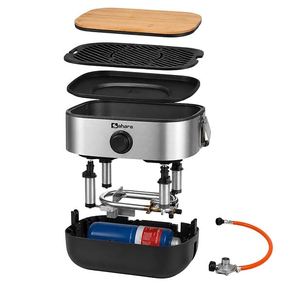 SAHARA - Barbecue à Gaz Portable Compact 2,7kW Grille Fonte Mini Barbecue de Table Inox Kit Planche à Découper Bois 2/4 Personnes Sahara - large